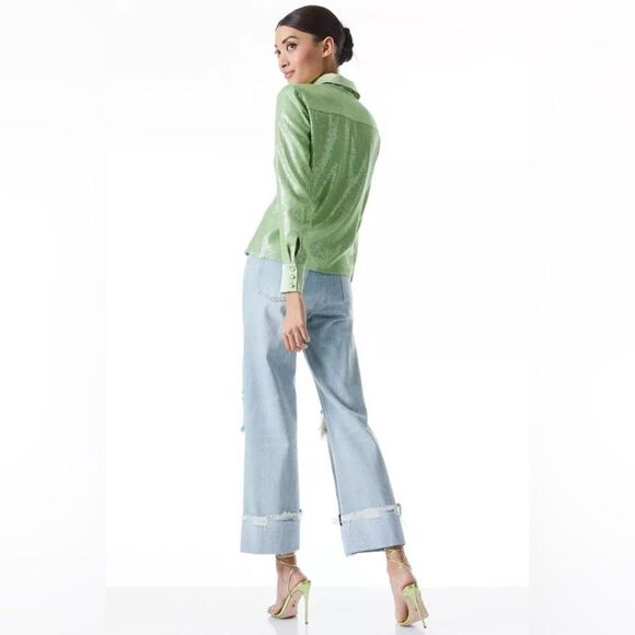 Alice + Olivia Willa Sequin Green Shirt Button Up Dress Shirt Size S - Picture 5 of 11